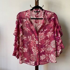 Zara pink floral ruffled blouse size M